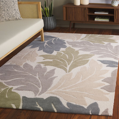 Tapis floral en laine / coton touffeté à la main Jardin 402 - ivoire / gris