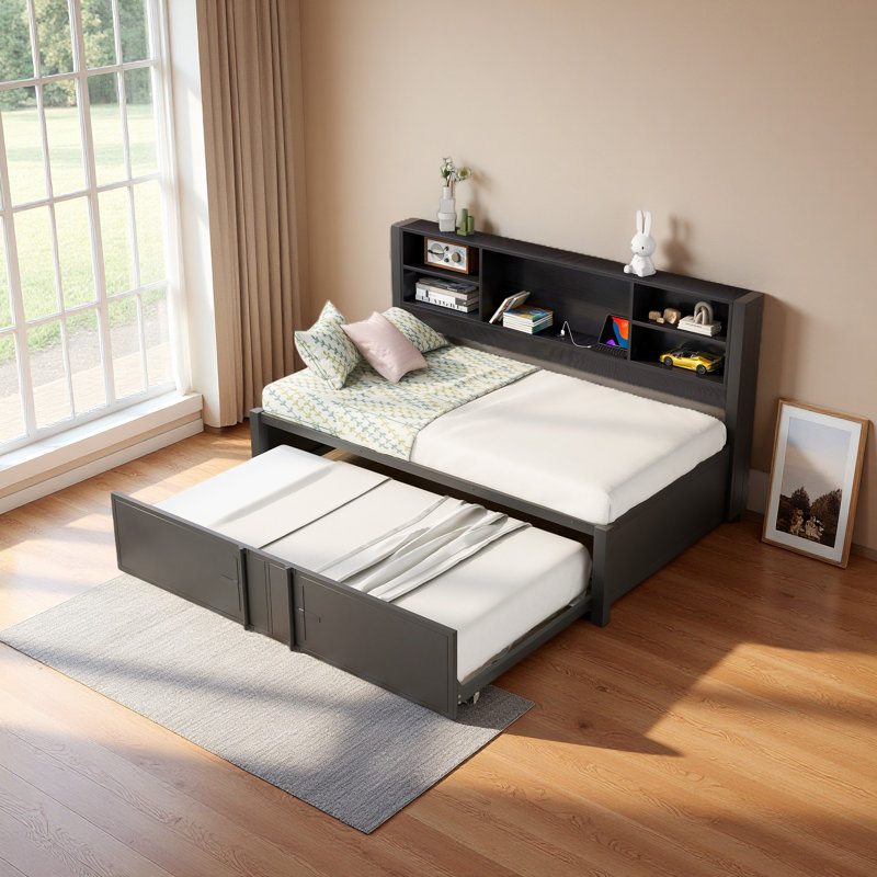 Metal Twin Size Daybed With Twin Size Trundle, Storage Shelves And USB Ports, Black