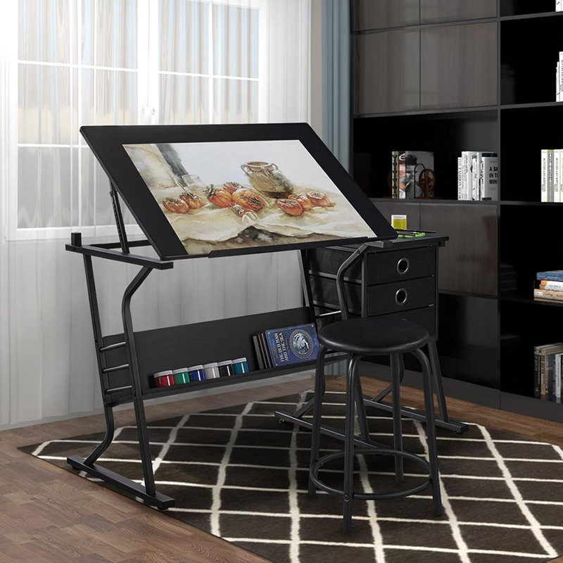 Artist Drawing Table with Stool and 3 Sliding Drawers