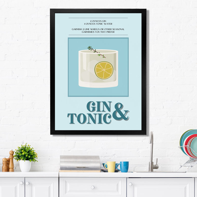 Gin & Tonic On The Rocks Highball Cocktail II - Cocktails Wall Art, 20" H x 12" W x 1" D, Black Single Picture Framed Canvas