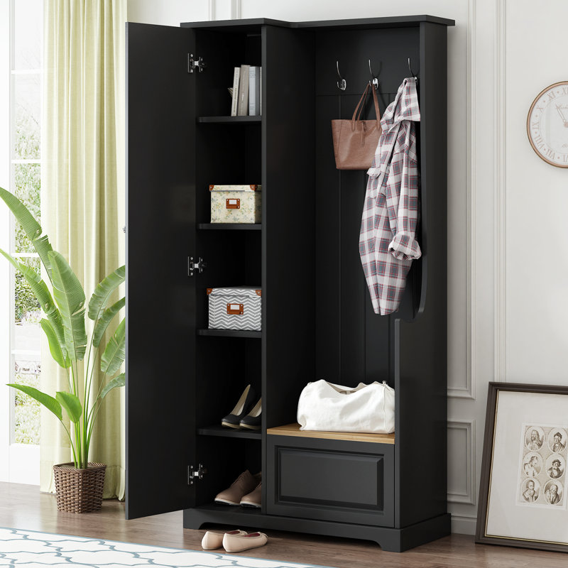 Meuble d'entrée avec banc rabattable, 90,4 cm (L) x 38,6 cm (P) x 178,8 cm (H), MDF, monobloc, meuble à chaussures autoportant, noir, 3 crochets et étagères réglables