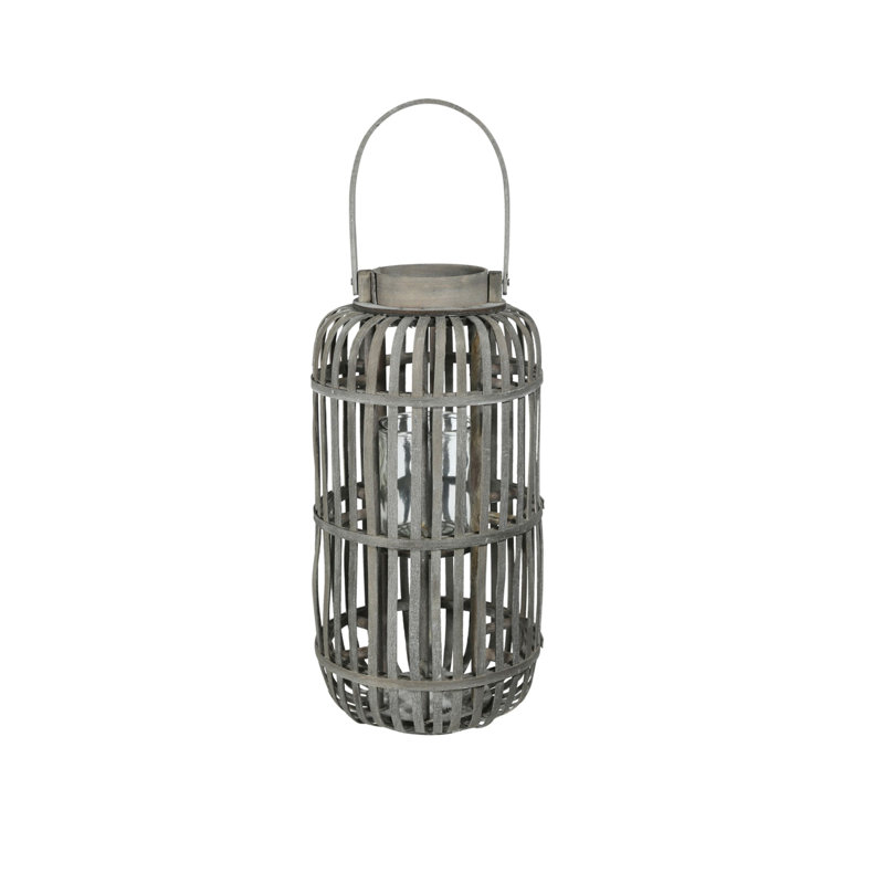Lanterne en bois rond, Gris, H 18 po x l 9,5 po x P 9,5 po