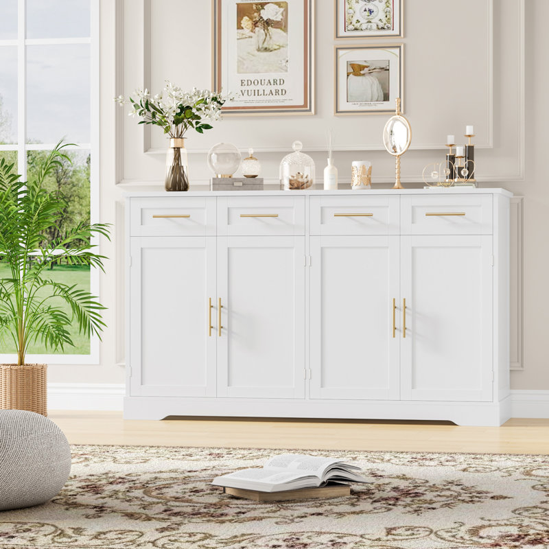 Armoire-buffet de 59,3 po de largeur avec armoires de rangement spacieuses, buffet moderne à 4 tiroirs, buffet de salle à manger large (amélioré)
