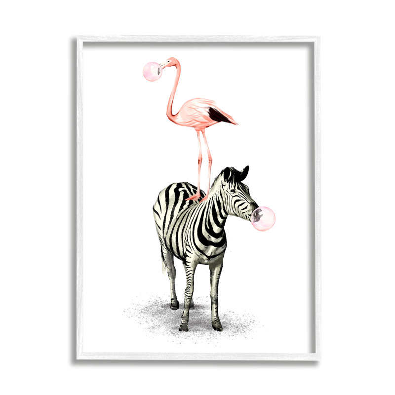 Zèbre, flamant rose, Safari, H 14 po x l 11 po x P 1,5 po, Giclée encadrée blanc bord de mer