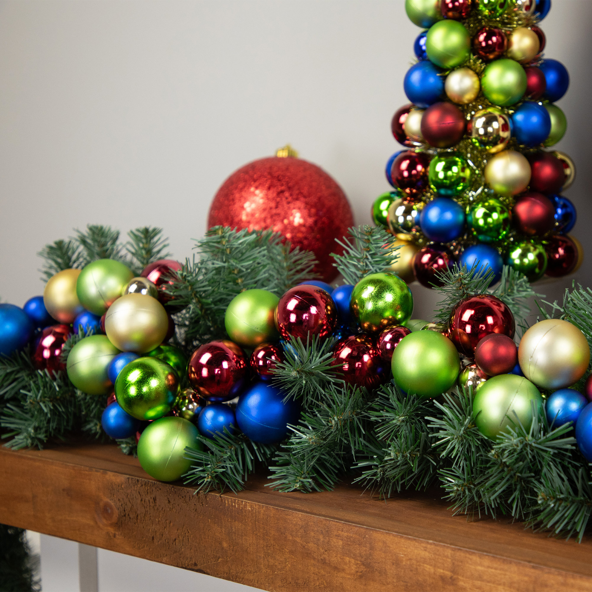 6' Shatterproof Ball 3-Finish Christmas Garland, Green/Red/Blue