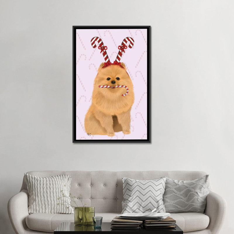 Impression sur toile tendue Fab Funky «Pomeranian and Candy Canes», Toile encadrée noire, H 26 po x l 18 po x P 1,5 po