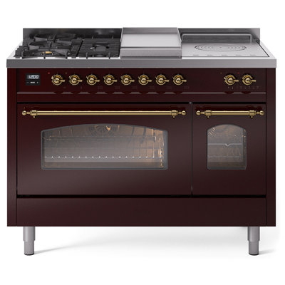 Cuisinière à double combustible de 48 po avec 5 brûleurs scellés, plaque chauffante et porte française ILVE Nostalgie II Series