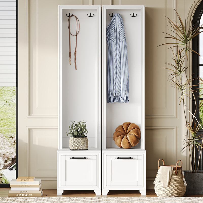 Elegant Free Standing Hall Tree Set Of 2, Multifunctional 3-In-1 Entryway Coat Rack With Black Retro Handles, Seating Bench With Storage Drawers For Hallway, Living Room, Black, 31.4"W*70.8"H