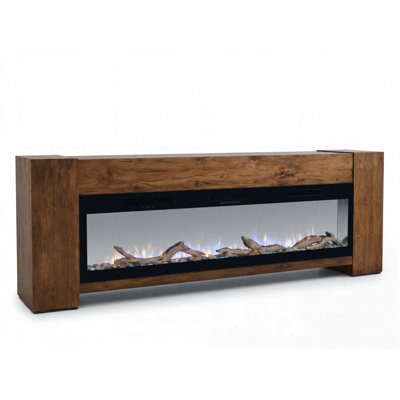 Natural Teca 94.5" Modern TV Stand Console, Electric Fireplace Compatible