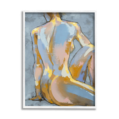Modern Blue Brushed Sitting Nude White Framed Giclee Art by Trevor Copenhaver