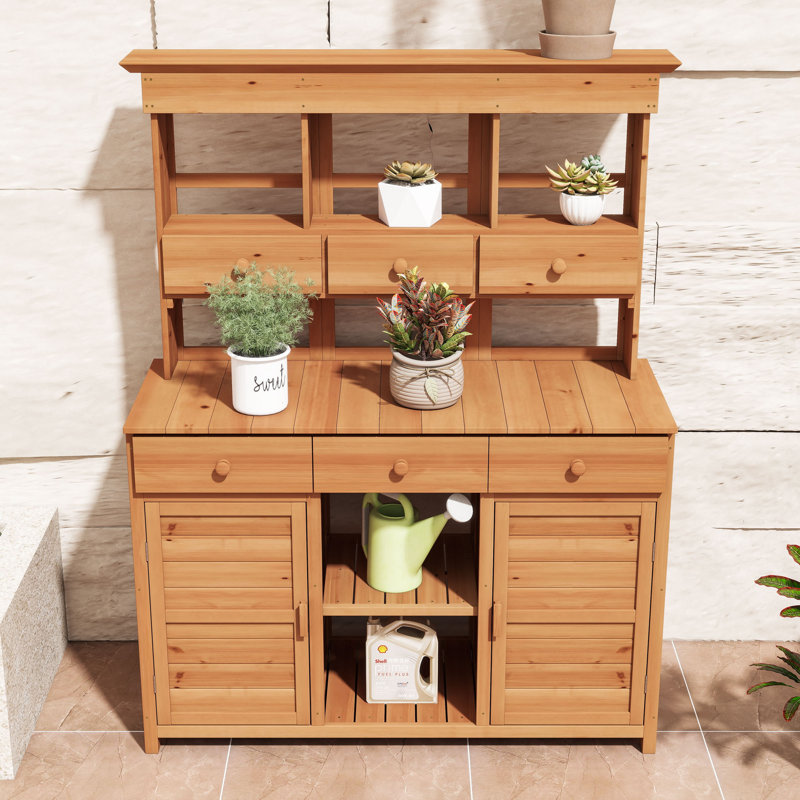 Banc de rempotage spacieux en bois de sapin avec rangement spacieux, tablettes réglables et dispositif de sécurité, Natural