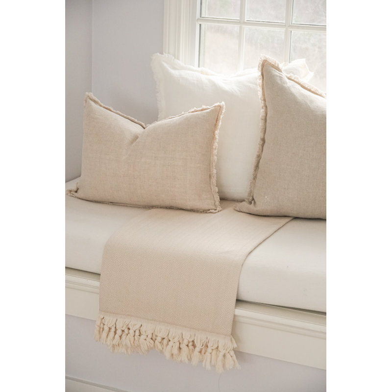 Beige Cotton Herringbone Throw Blanket with Tassels