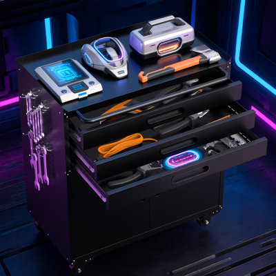 Black Mobile Metal Tool Cabinet,Heavy Duty Garage Storage With Locked Door And Three Drawers