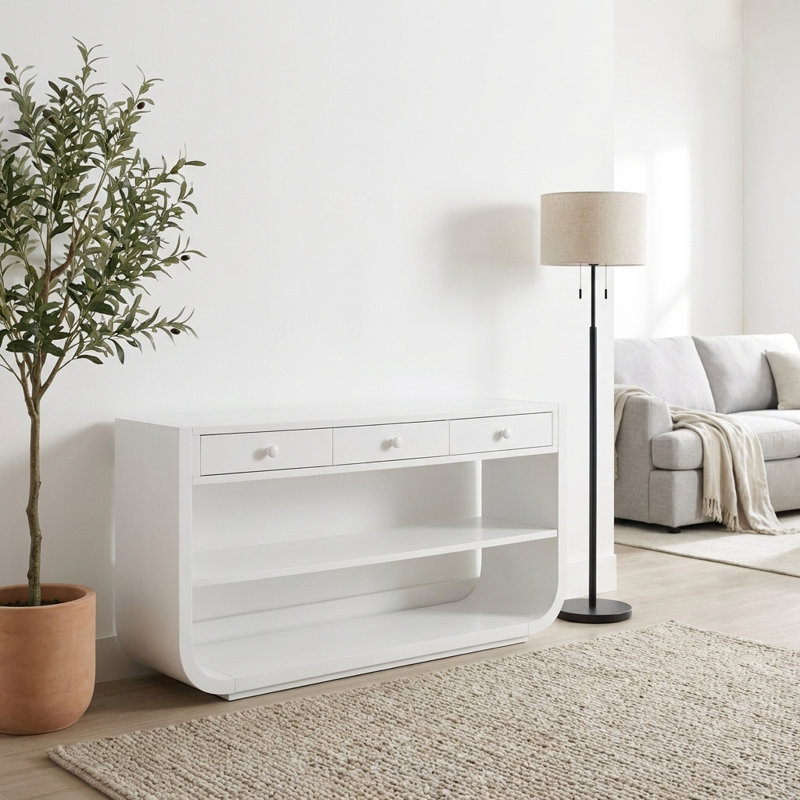 Console moderne moderne avec tiroirs à fermeture en douceur et tablettes ouvertes, base de rangement en bois massif robuste et table de rangement multifonctionnelle