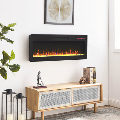Recessed thin tempered glass front wall mounted electric fireplace with remote and multi color flame & emberbed, LED light heater