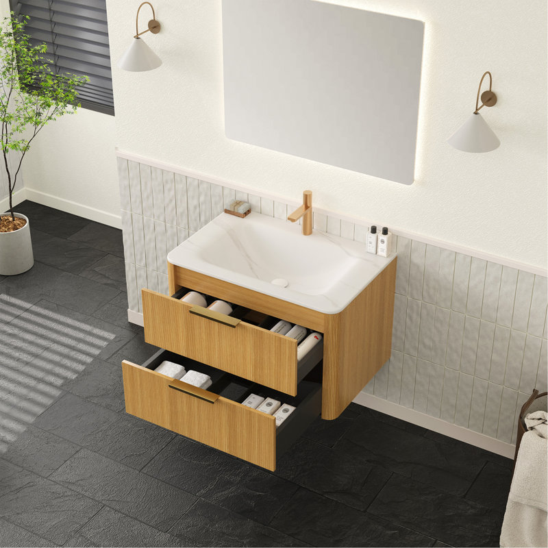Meuble-lavabo de 30 po avec lavabo, armoire de rangement flottante en contreplaqué avec tiroirs, lavabo intégré en pierre frittée blanche Carrara