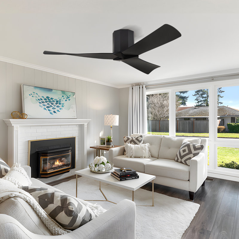 52 In. 3 Abs Blades Indoor Flush Mount Ceiling Fan Without Light, Black, Black