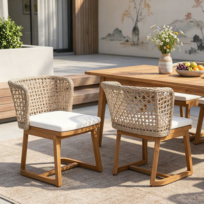 Outdoor Acacia Wood Dining Chairs Set of 2 with Cushions, Wicker Back, Weather-Resistant for Garden and Patio