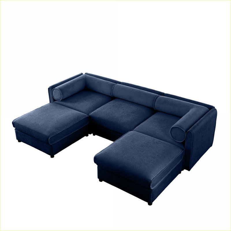 Canapé modulaire | 3 places contemporain en forme de U pour le salon, avec rangement caché et repose-pieds | Bleu | Chenille