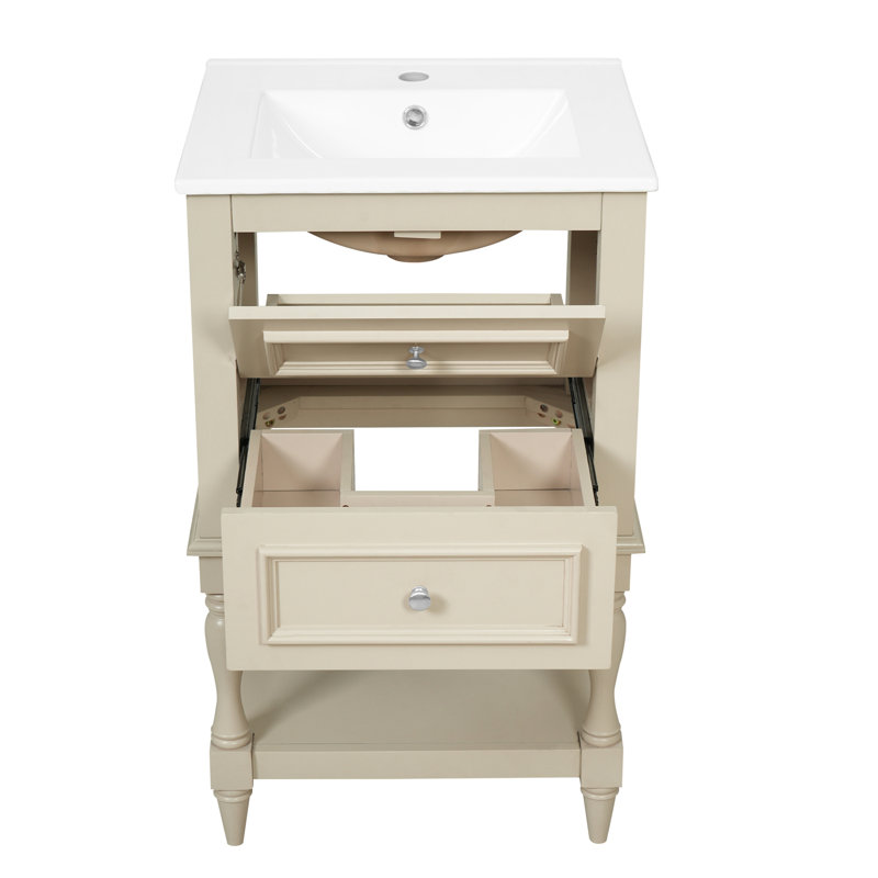 Meuble-lavabo de 20 po avec lavabo en céramique, armoire de rangement avec tablette ouverte, armoire de salle de bain rétro avec 2 tiroirs