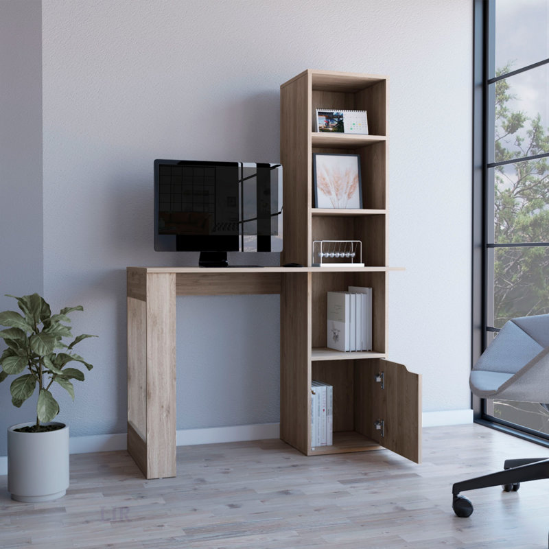Bureau d'ordinateur Oiwa avec bibliothèque et armoire intégrées pour un espace de travail et de rangement efficace, Brun