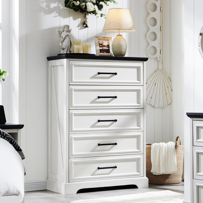 Quintone 46" Farmhouse 5 Drawer Dresser,Tall Chest of Drawer With Anti-Tip for Bedroom, Black/White