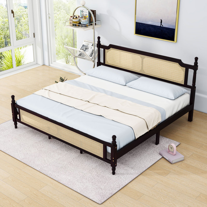 Platform Bed with Rattan Headboard, Espresso, King
