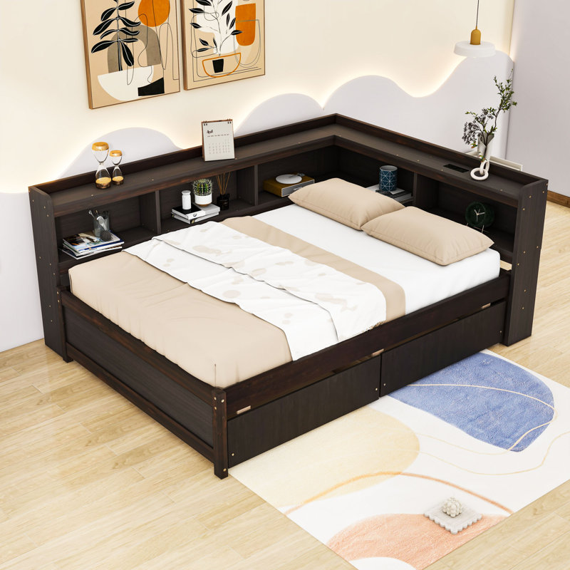 Lit plateforme en bois avec ports USB, tiroirs de rangement, tablettes et lattes, Double, Espresso
