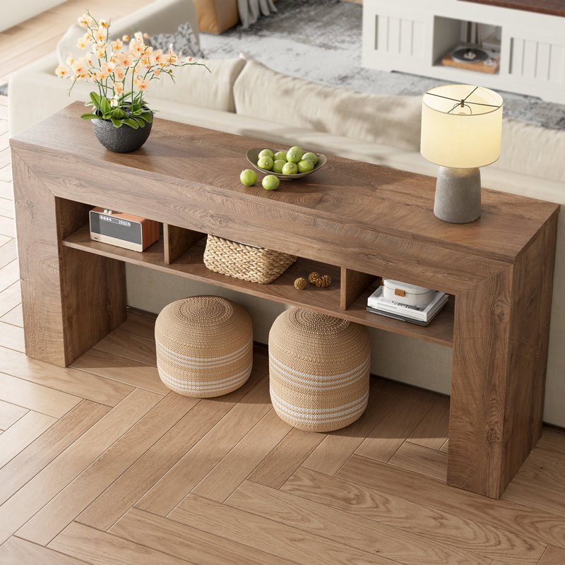 Console mince avec tablettes de rangement ouvertes en brun clair et brun foncé, Bois brun