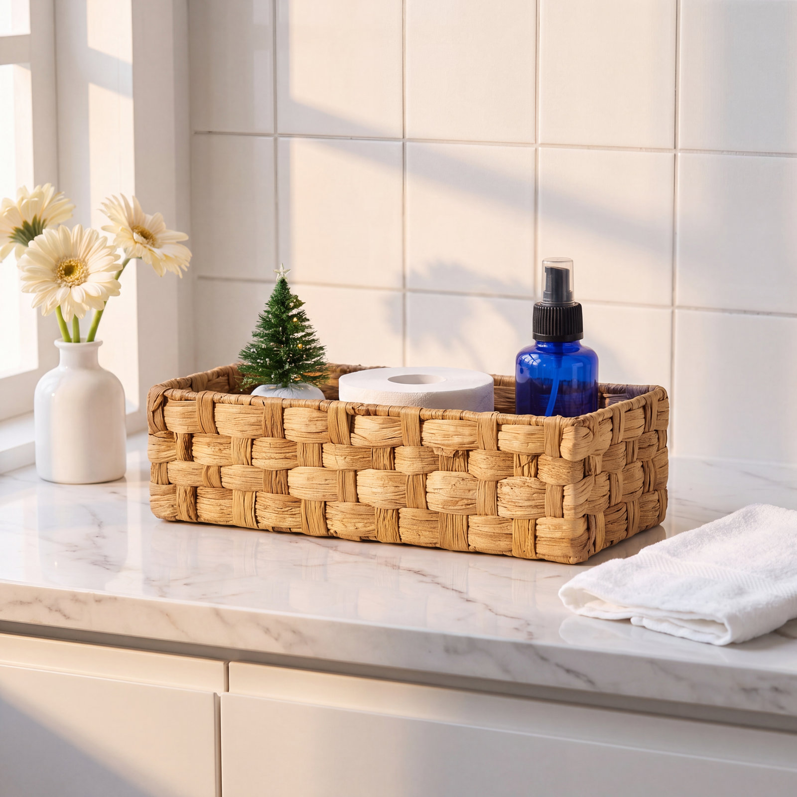 Onhomes Enna Toilet Paper Basket, Water Hyacinth Bathroom Baskets Built-in Handles, Wicker Basket for Back of Toilet Tank, Toilet Tank Basket, Basket for Bathroom, Toilet Basket, Natural, 1pc