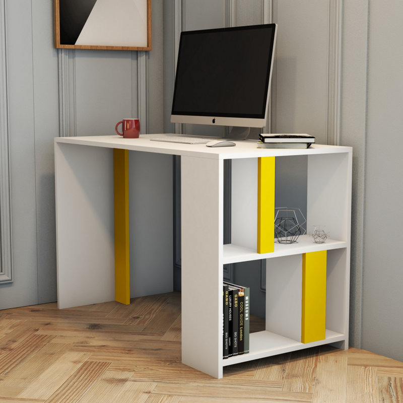 Bureau d'étude moderne avec capacité de fixation murale, blanc et jaune, 47,2 po x 29,7 po x 23,6 po | 100% panneau de particules enduit de mélamine, épaisseur: 0,7 pouce | Nombreuses tablettes pour l'organisation, parfaites pour le bureau personnel et le bureau