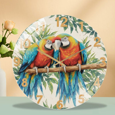 Horloge murale avec perroquets sur branche - horloge murale moderne en verre 12 po