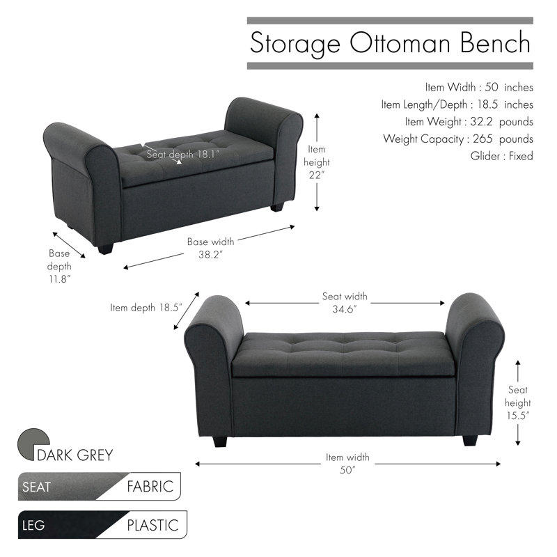 Banc de rangement rembourré en tissu Ammarie, Gris foncé