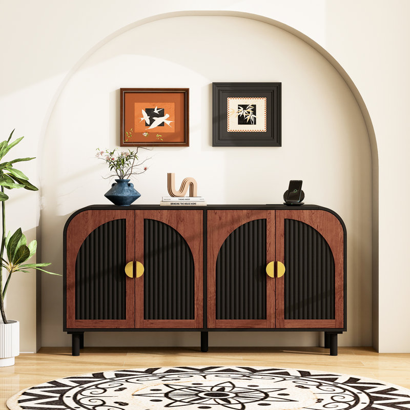 Modern Curved Accent Sideboard with Fluted Arc Doors, 63'' Storage Cabinet with Charging Station & Adjustable Shelves for Living Room, Dining Room or Entryway