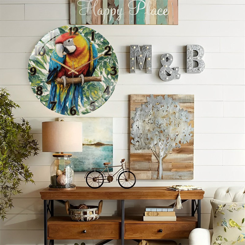 Parrot Clock Face with Greenery Art - 12'' Modern Glass Wall Clock