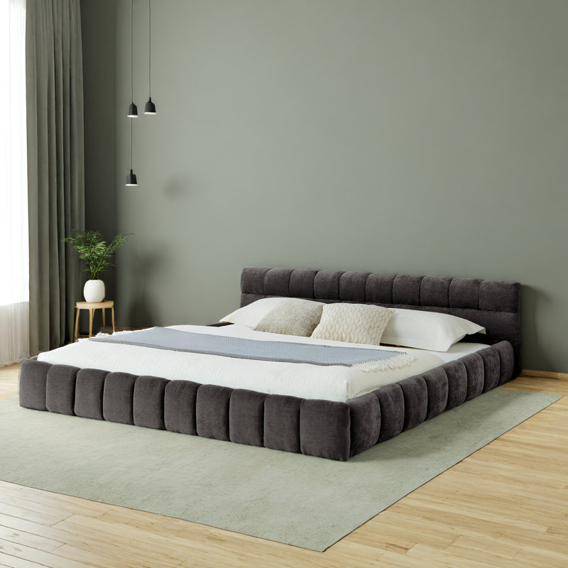 Upholstered California King Platform Bed with Headboard - Soft Chenille Fabric, No Box Spring Needed, Gray