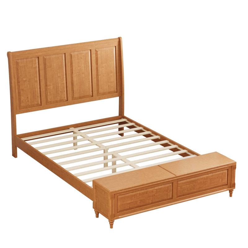 King Bed Frame With High Headboard And Storage Bench,Soild Wood Sleigh Bed With 79" Storage Chest,No Box Spring Needed, Wanlut