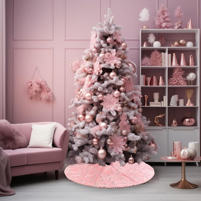 48 Inch Pink Plush Faux Fur Christmas Tree Skirt with Silver Sequin Snowflake Decor: Festive Sequin Tree Skirt for Holiday Decorations