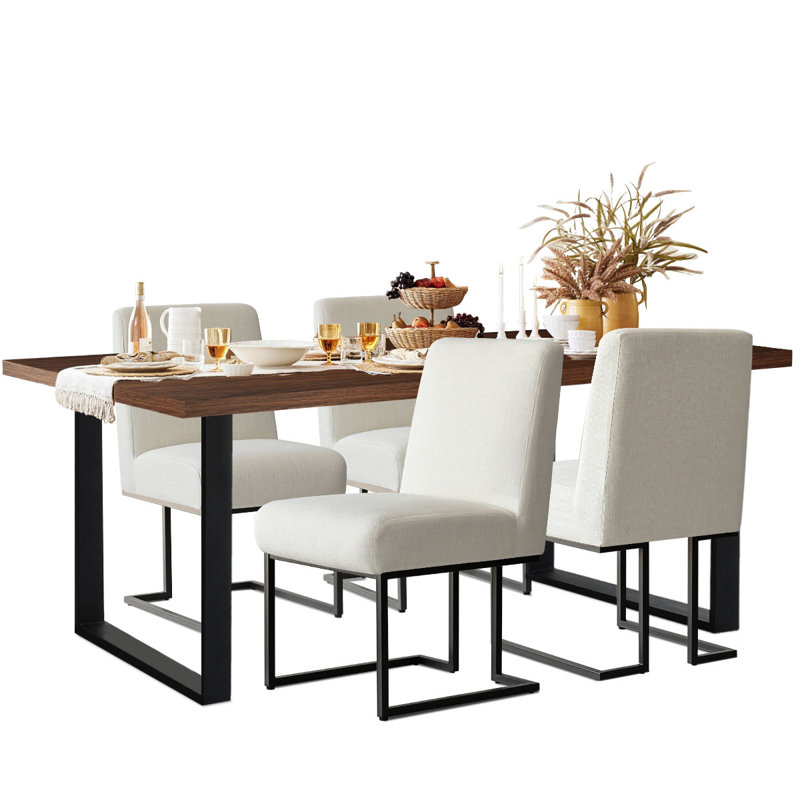 Cederick 4-Person Dining Set with Rectangular Table, Walnut, Cream