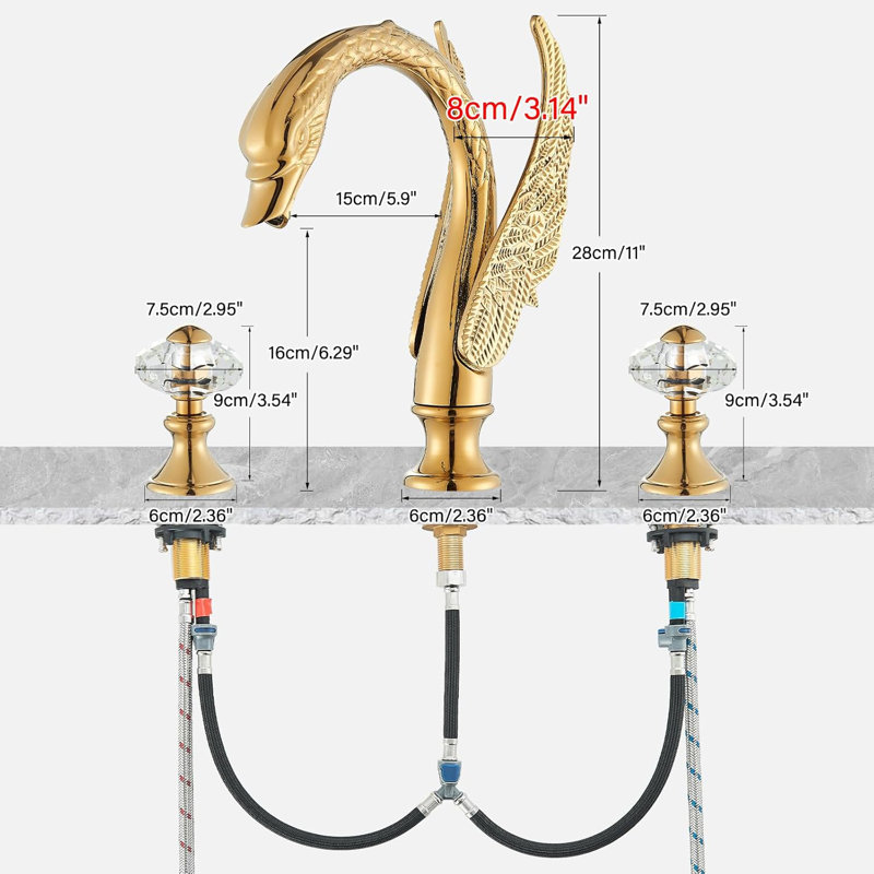 Golden Ornate Swan Style Bathroom Sink Faucet Combo Deck Mount Sink Mixer Tap Set Hot Cold Water