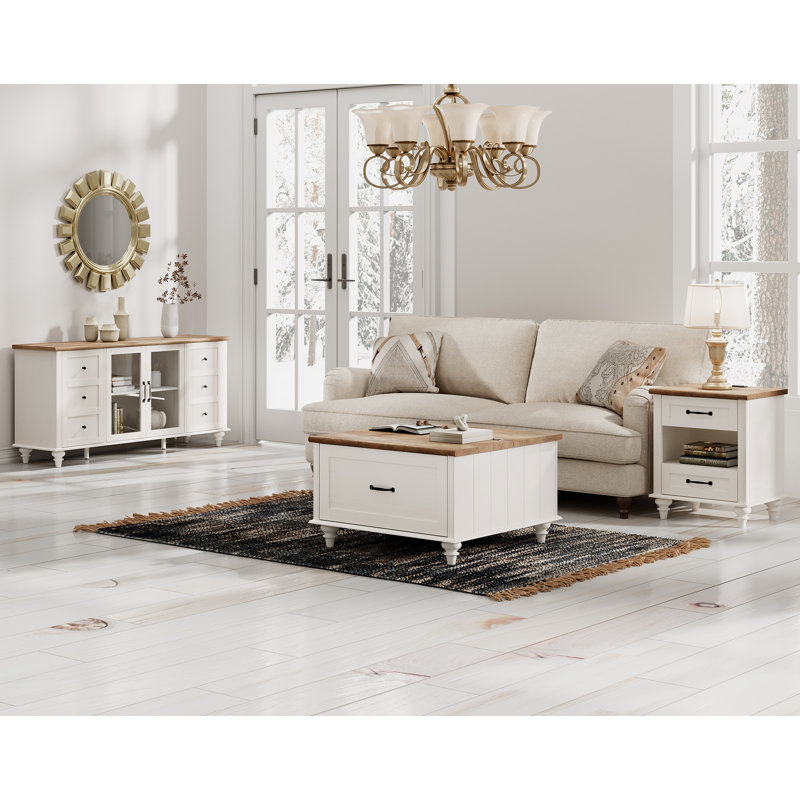 Ensemble de table de salon 3 pièces - Comprend une table basse moderne avec plateau relevable, un meuble télé avec porte en verre pour téléviseur de 65 pouces, une table de bout avec station de charge et tablette, blanc cassé