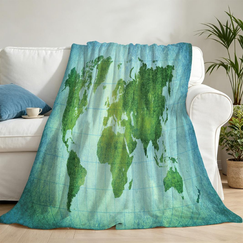 Jeté en flanelle bleue ultra douce, imprimé carte du monde rétro, Throw 50" x 60"