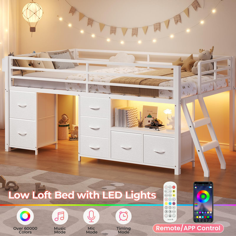 Low Loft Bed With 7 Storage Drawers, Bookcase And Led Lights, 14" H Safety Guardrail,inclined Ladder And Play Curtain, White