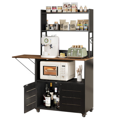 Étagère de boulanger Vividwood avec prise de courant et rangement, huche de cuisine de ferme avec armoire, support de micro-ondes mobile à 5 niveaux avec table d'appoint pliable, tablettes de rangement, 6 crochets et roulettes