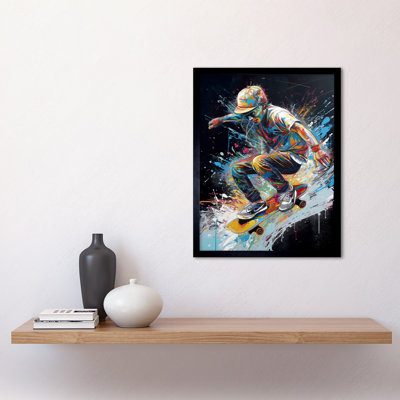 Lual Skateboarder Skating Multicoloured Splat Paint - Single Picture Frame Print