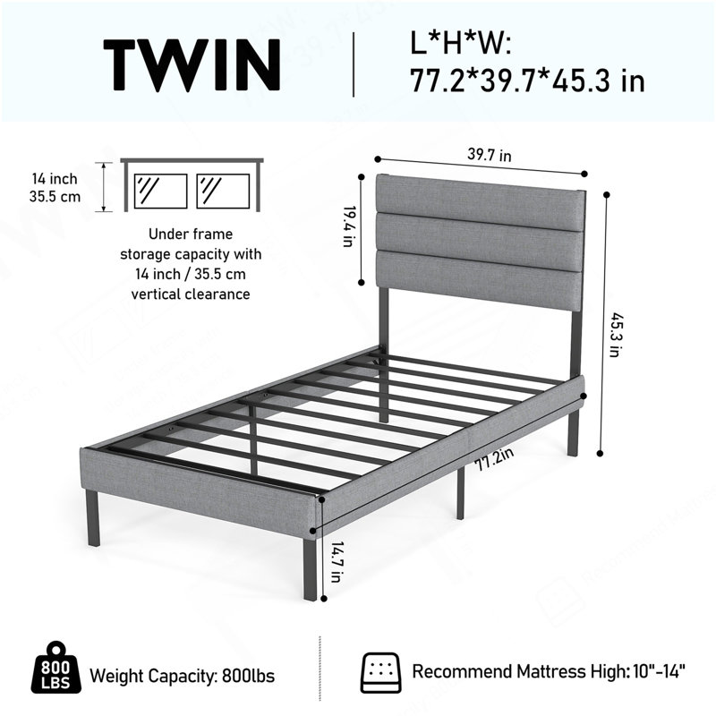 Structure de lit simple tapissier simple avec tête de lit, sans sommier, rangement sous le lit 14 po