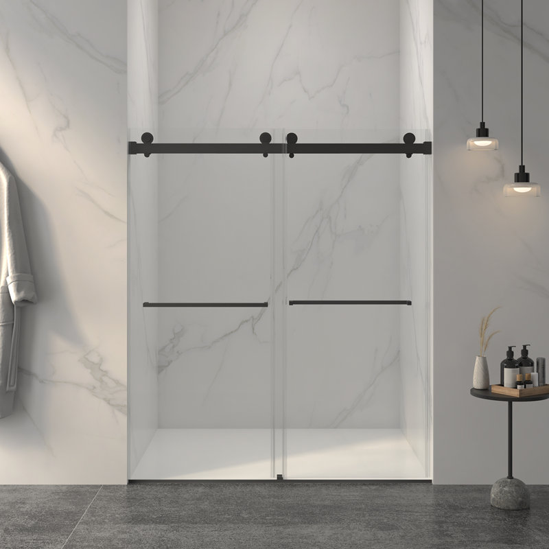 Porte de douche coulissante double sans cadre de 56 à 60 po x H 70 po, verre trempé clair de 5/16 po (8 mm) de large épaisseur, couche facile à nettoyer à double face, fini noir mat avec tampon