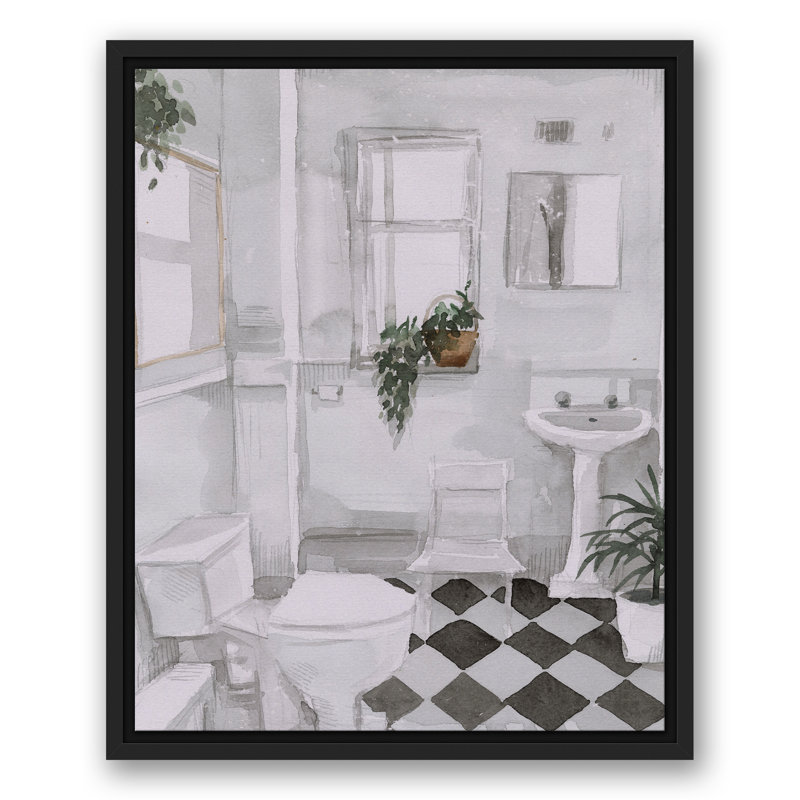 «Black and White Bathroom», peinture sur toile à cadre flottant, H 21,75 po x l 17,75 po x P 1,75 po