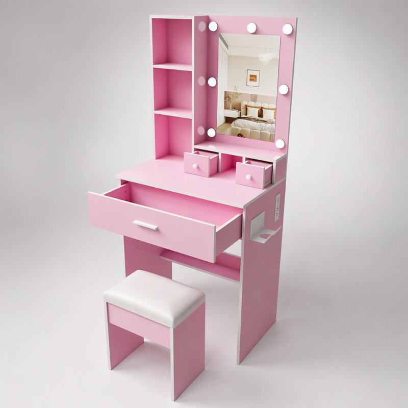 Table de coiffeuse compacte avec miroir, lumières DEL réglables, prise de courant, support pour sèche-cheveux et tabouret pour les petites chambres