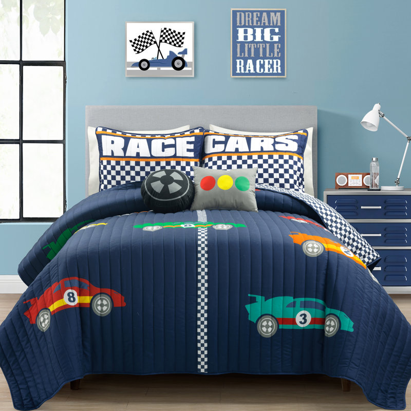 Xenia Navy Microfiber Reversible 4 Piece Quilt Set, Navy, Queen Quilt + 2 Standard Shams + 2 Throw Pillows
